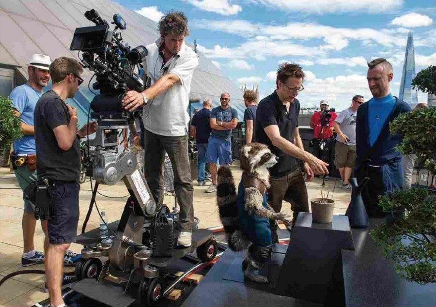 James Gunn and character Rocket Raccoon Behind the Scenes